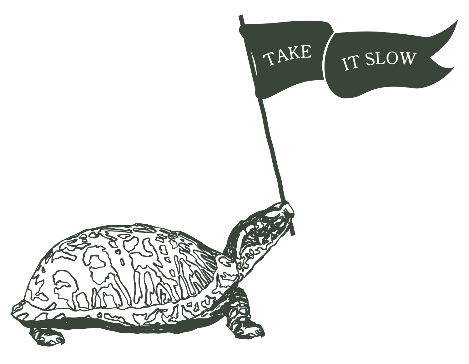 Line art illustration of a turtle holding a flag with 'take it slow,' symbolizing the intentional and reflective lifestyle at The Arbors at Leiper's Fork.