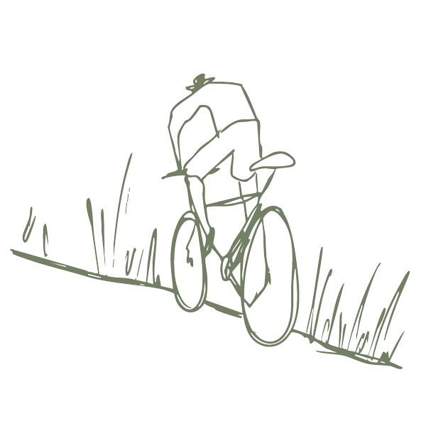 Line art of a person riding a bike on one of the five miles of private, professional trails at The Arbors at Leiper's Fork, a luxury community in Williamson County, TN.