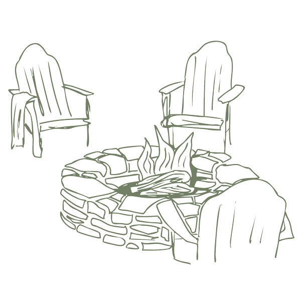 Line art sketch of the community firepit and seating, a shared amenity for residents of The Arbors at Leiper's Fork.